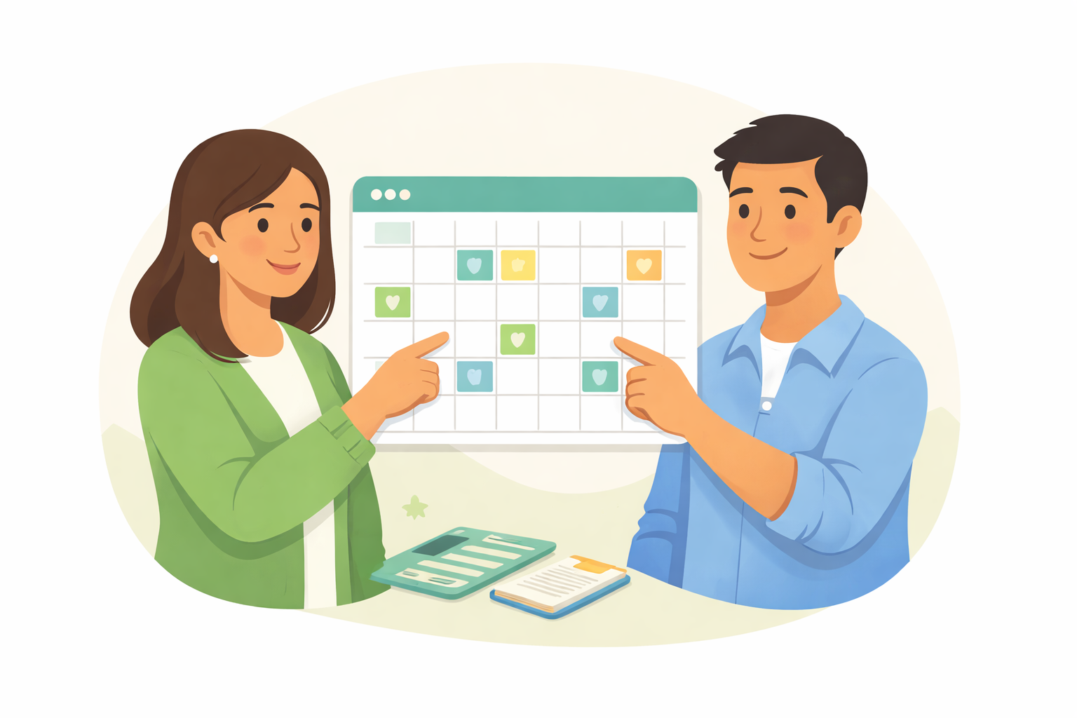 Illustration of co-parents coordinating with a shared calendar