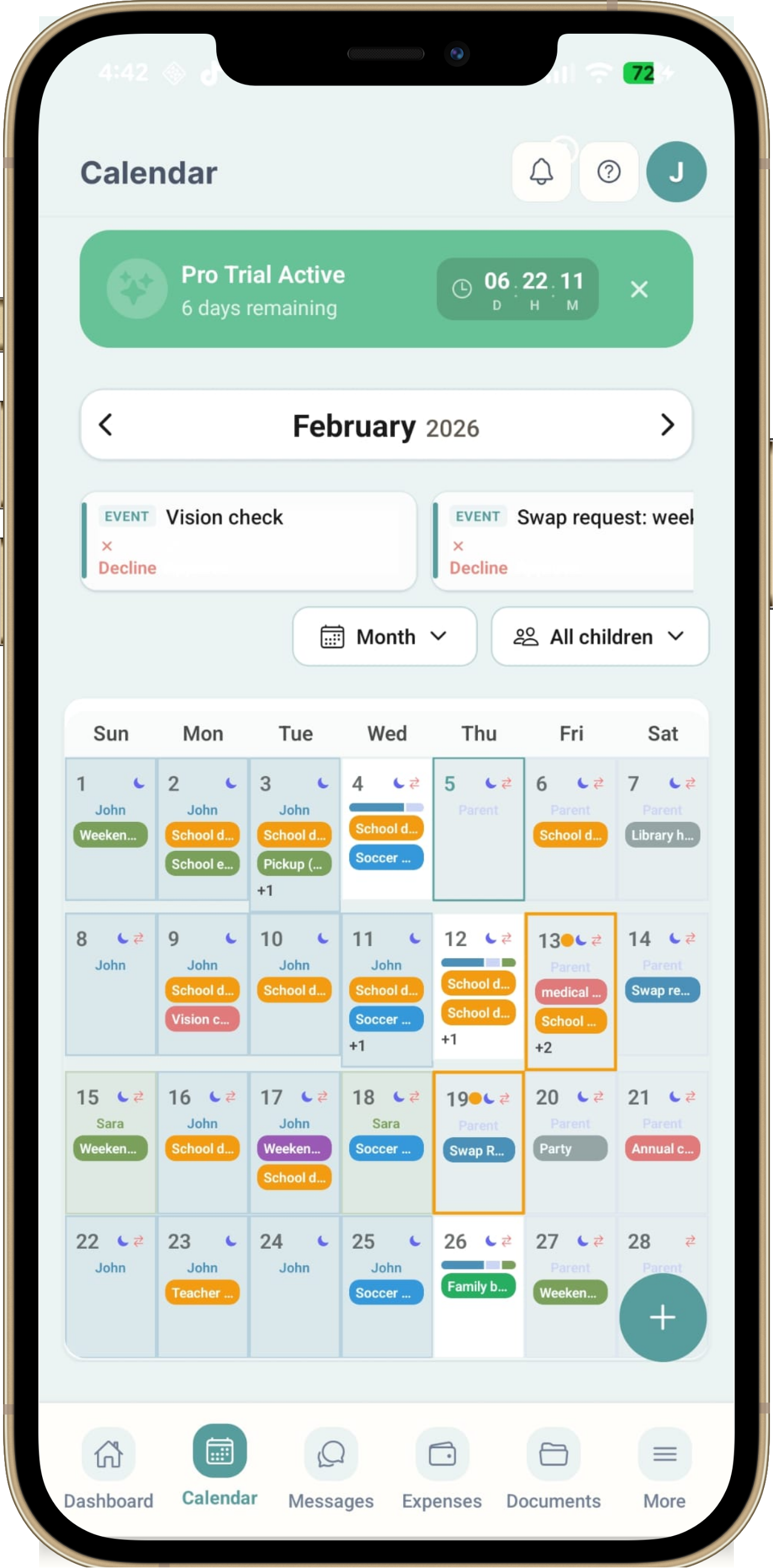 EasyCoParenting app on an iPhone